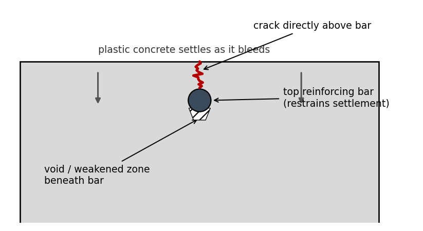 Plastic settlement cracking over a top reinforcing bar, cross-section